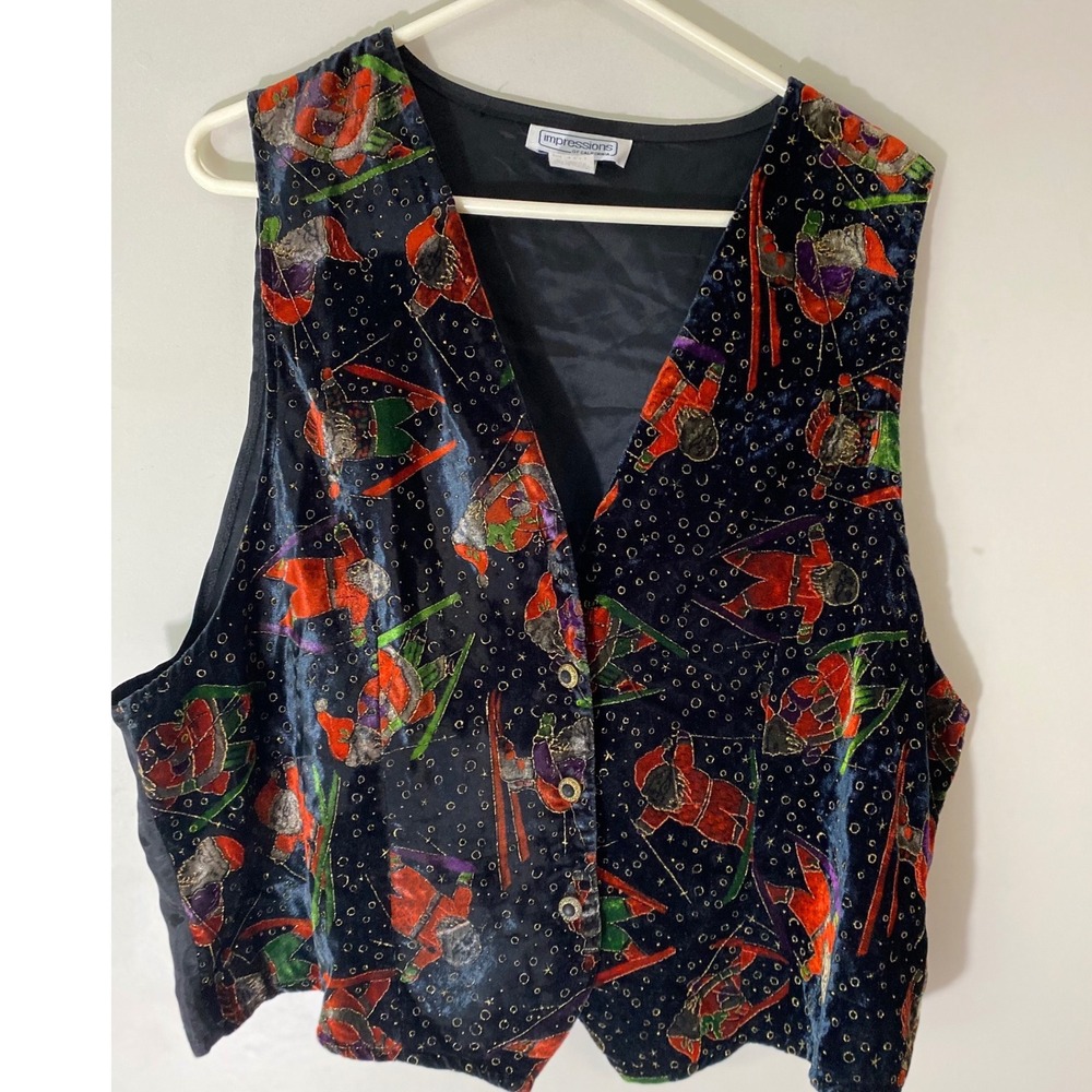 Impressions of California Vest Womens XL Skiing Santa Velvet Holiday 1992 Vtg
